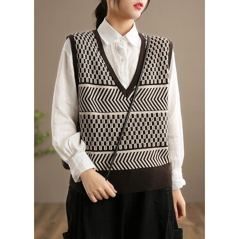 Comfy Chocolate Striped Knit Blouse V Neck Sleeveless Sweaters