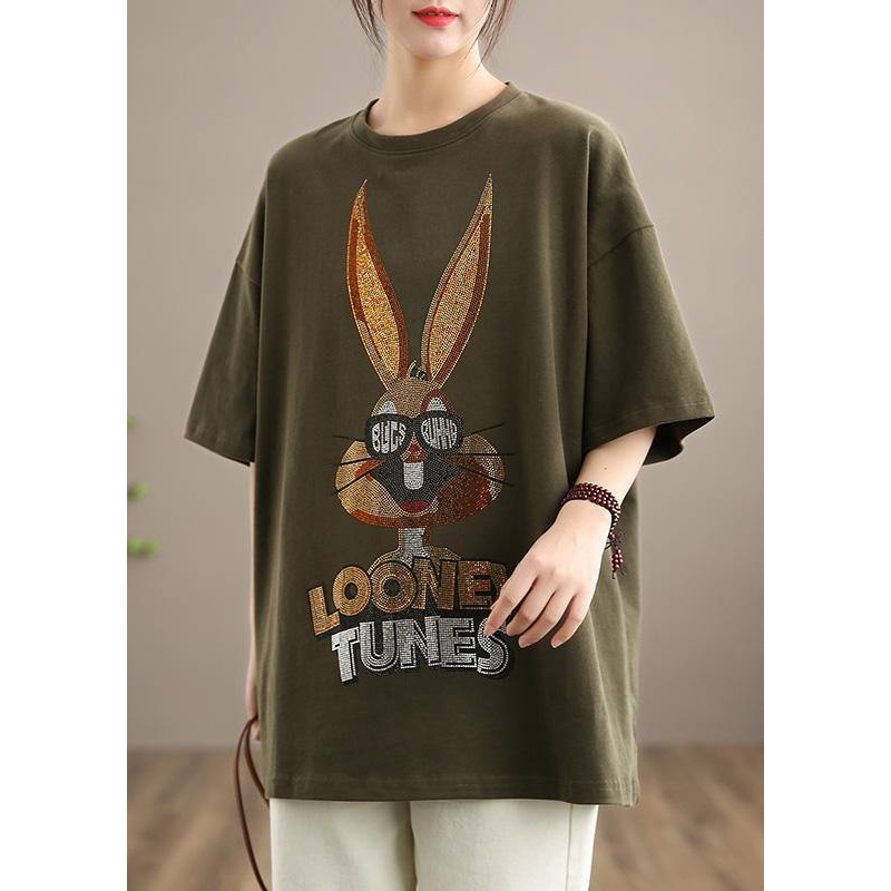 Diy O neck Half Sleeve Spring Top Silhouette Pattern Army Green Pattern Blouse