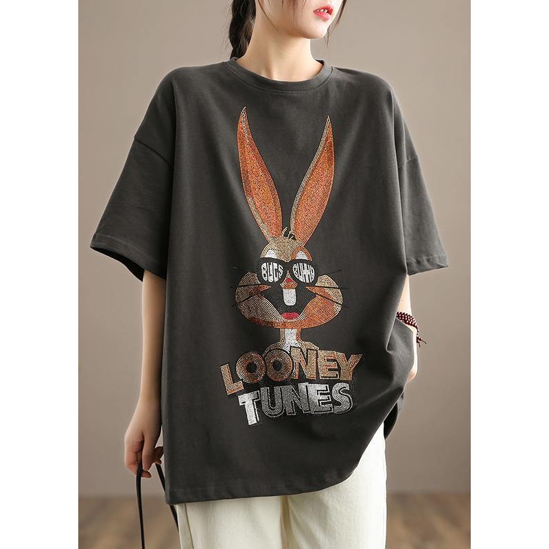 Elegant Gray Rabbit Pattern Clothes For Women O neck Half Sleeve Loose Spring Shirts