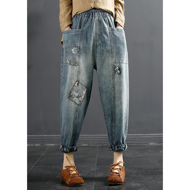 French Blue Pants Oversize Spring Embroidery Pattern Wide Leg Pants