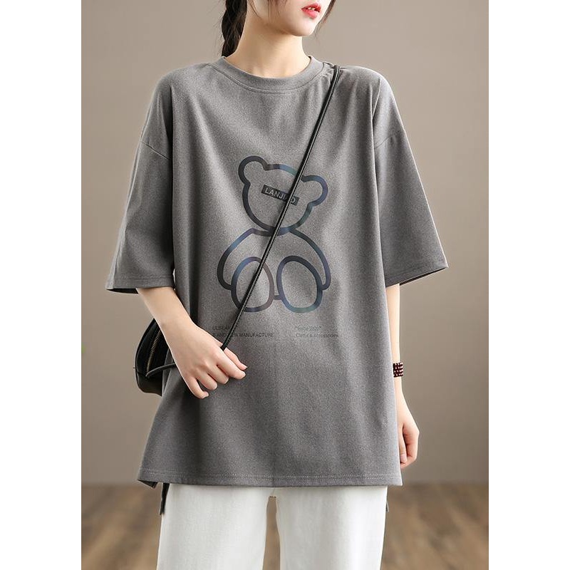 French Gray Bear Design Shirts O neck Half Sleeve Spring Blouses