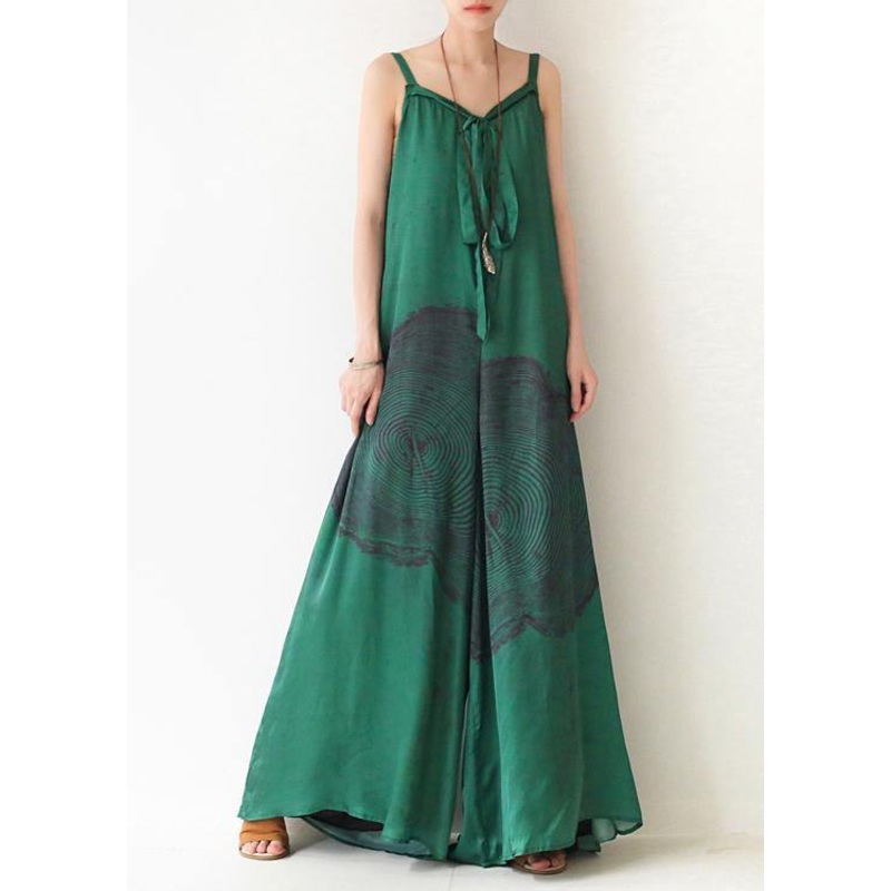 Green Print Jumpsuit Summer Strap Wide Leg Pants