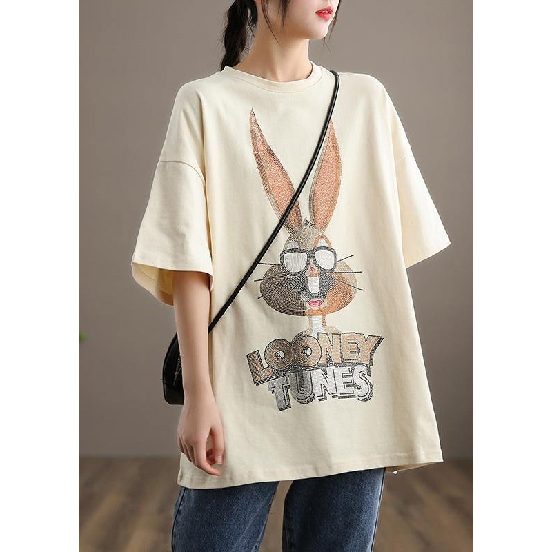 Handmade O neck Half Sleeve Spring Clothes For Women Inspiration Beige Rabbit Pattern Tops