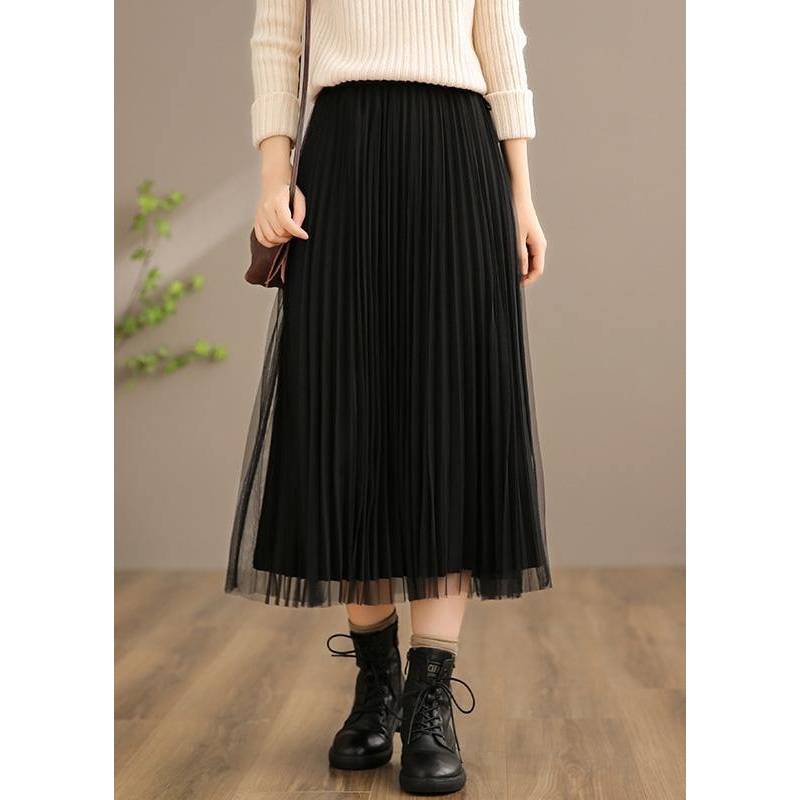 Natural Elastic Waist Pleated Skirt Spring Clothes Fashion Ideas Black Loose Skirt