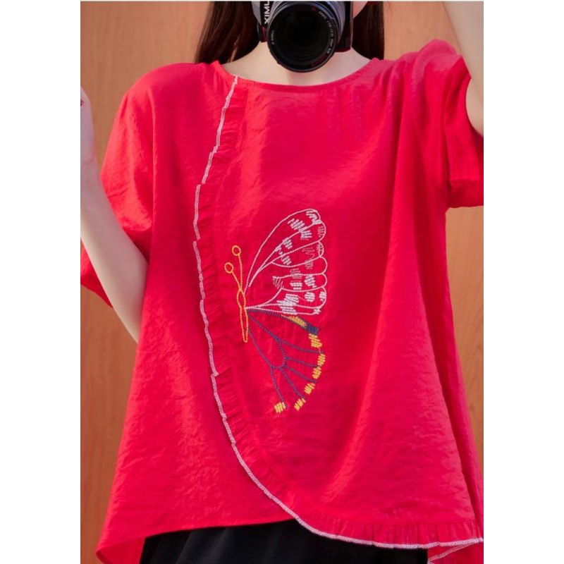 Natural Red Clothes Embroidery Summer Blouse