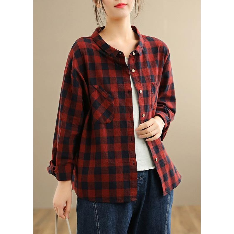 Pockets Spring Blouse Tops Red Plaid Shirts