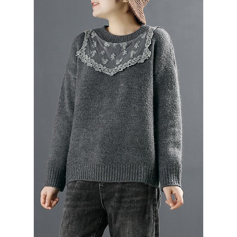Pullover Dark Gray Sweater Tops O-Neck Knitted Blouse