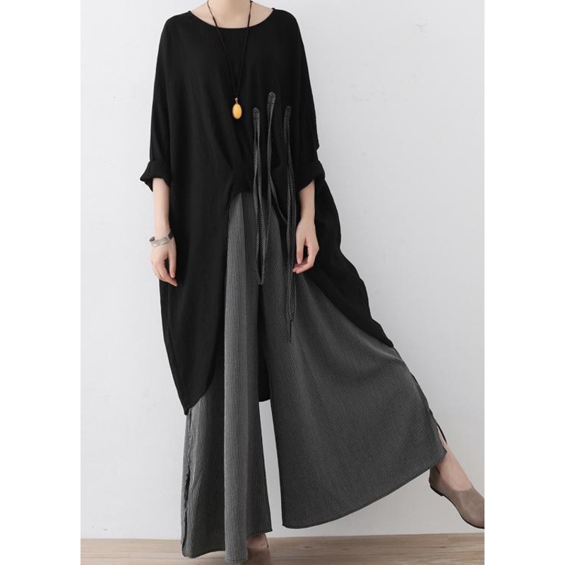 Spring Linen Black Loose Large Asymmetrical Embroidered Top