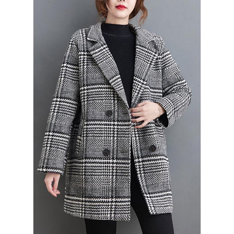 Style Plaid Outwear Design Notched Pockets Spring Coat