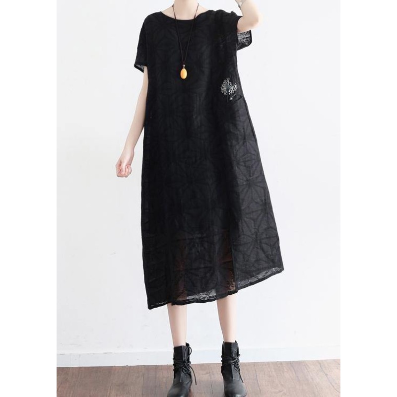Summer Black Cotton Hemp Embroidered Oversized Dress