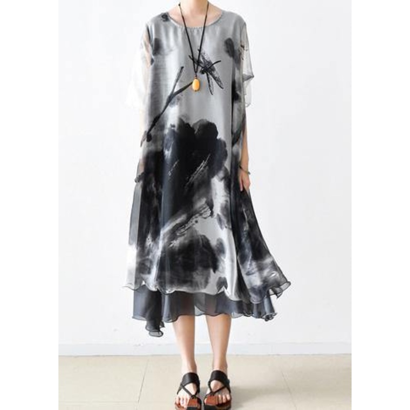 Summer Grey Print Chiffon Women Short Sleeve Dress