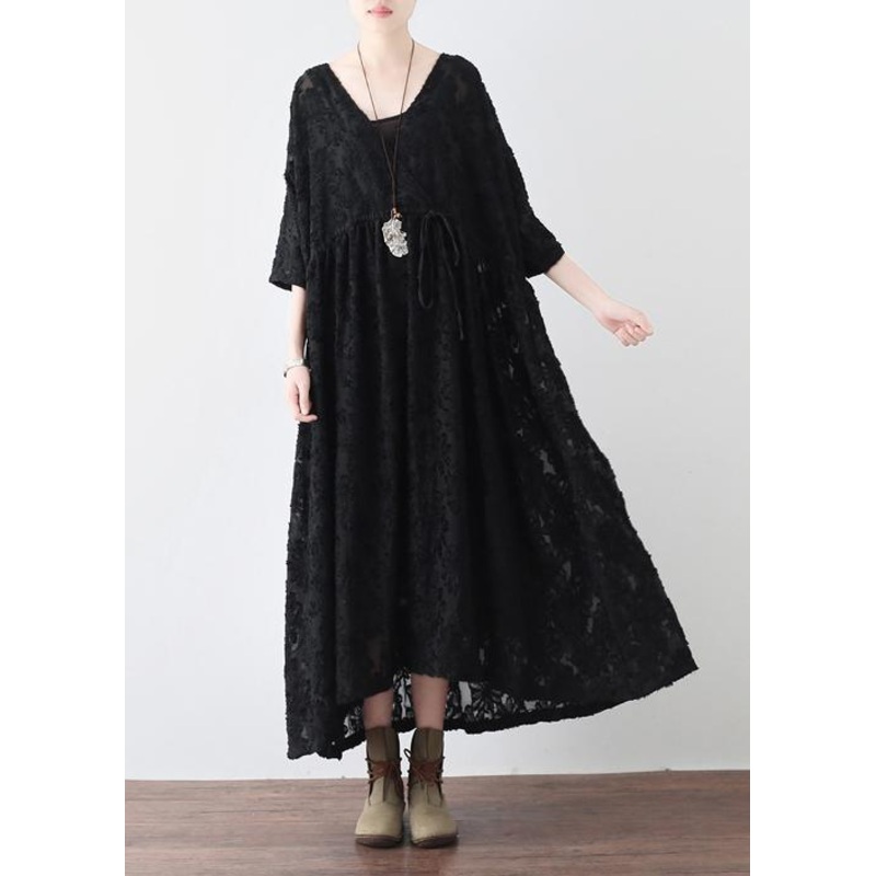 Summer Italian Black Chiffon Round Neck Holiday Dress