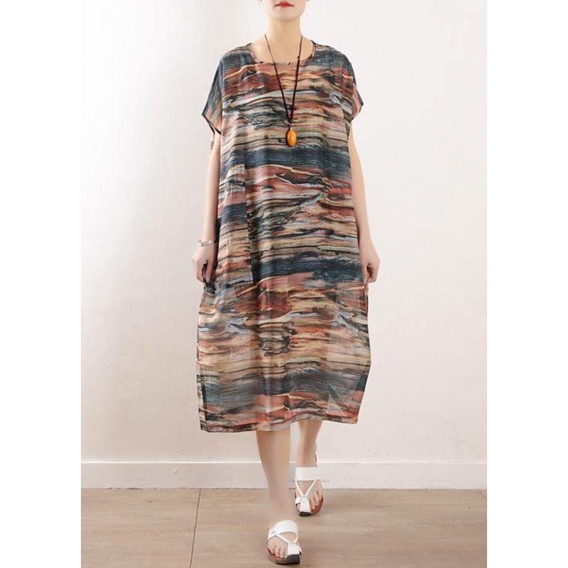 Summer Round Neck Chiffon Short Sleeve Printed Dress