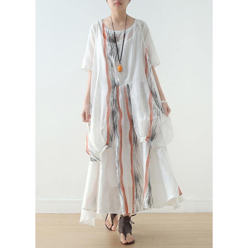 Summer Women White Chiffon Print O Neck Dress