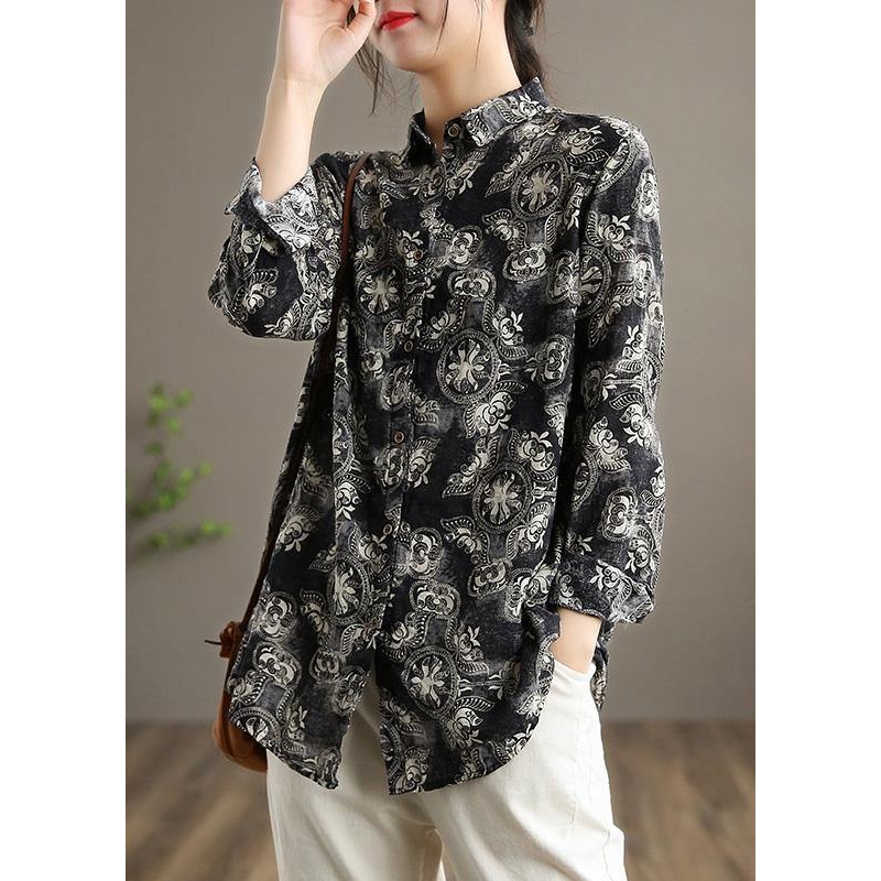 Unique Black Print Top Lapel Button Down Tunic Spring Tops