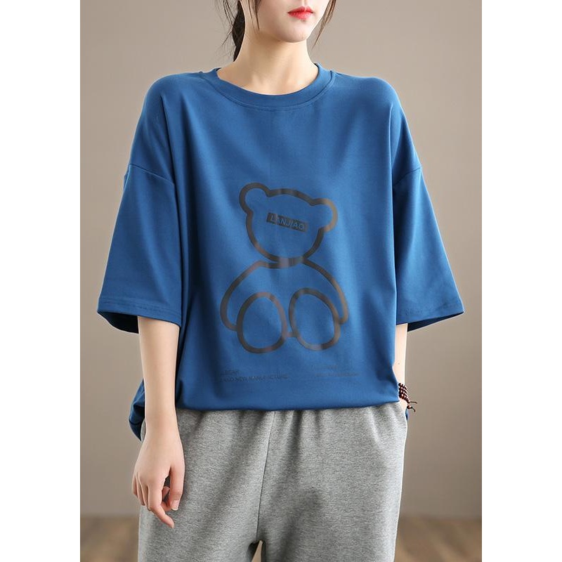 Unique O neck Half Sleeve Spring Shirts Women Shirts Blue Bear Design Top