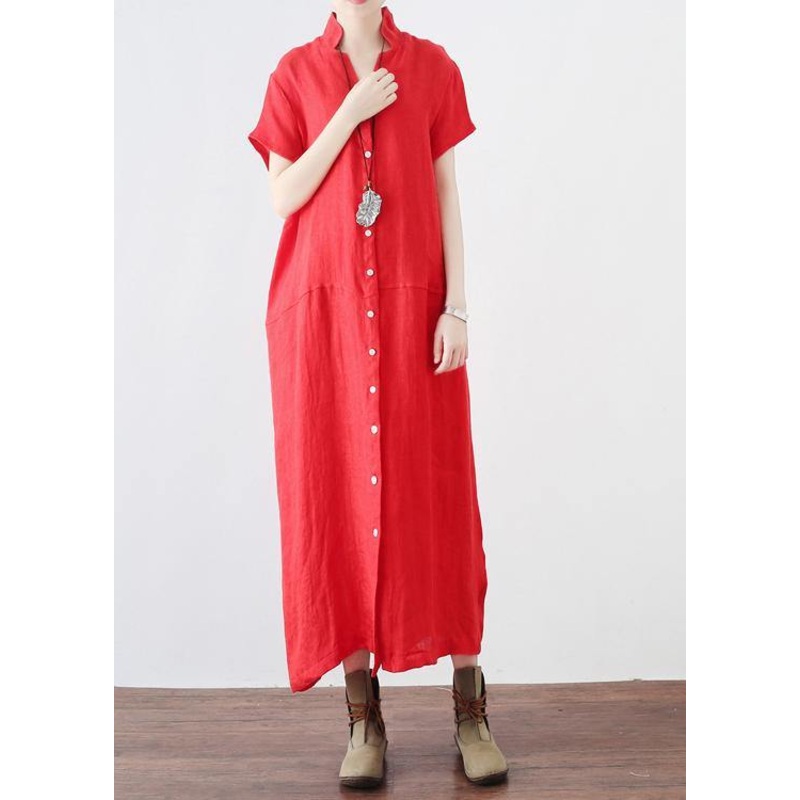 Unique Red Low High Design V Neck Linen Summer Robe