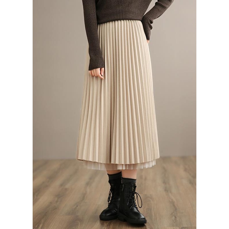 Vivid Nude Elastic Waist Pleated Skirt A Line Spring Skirt ( Limited Stock)
