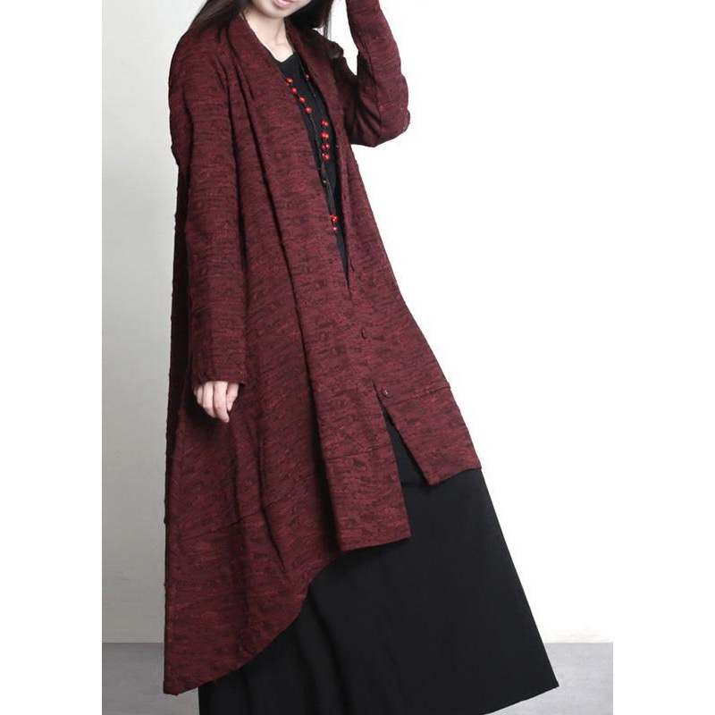 Women Burgundy Jacquard Plus Size Clothes Large Hem Outwear