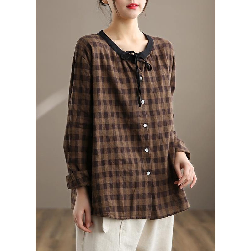Women Chocolate Plaid Linen Shirt Trendy Plus Size Spring Cotton Tops