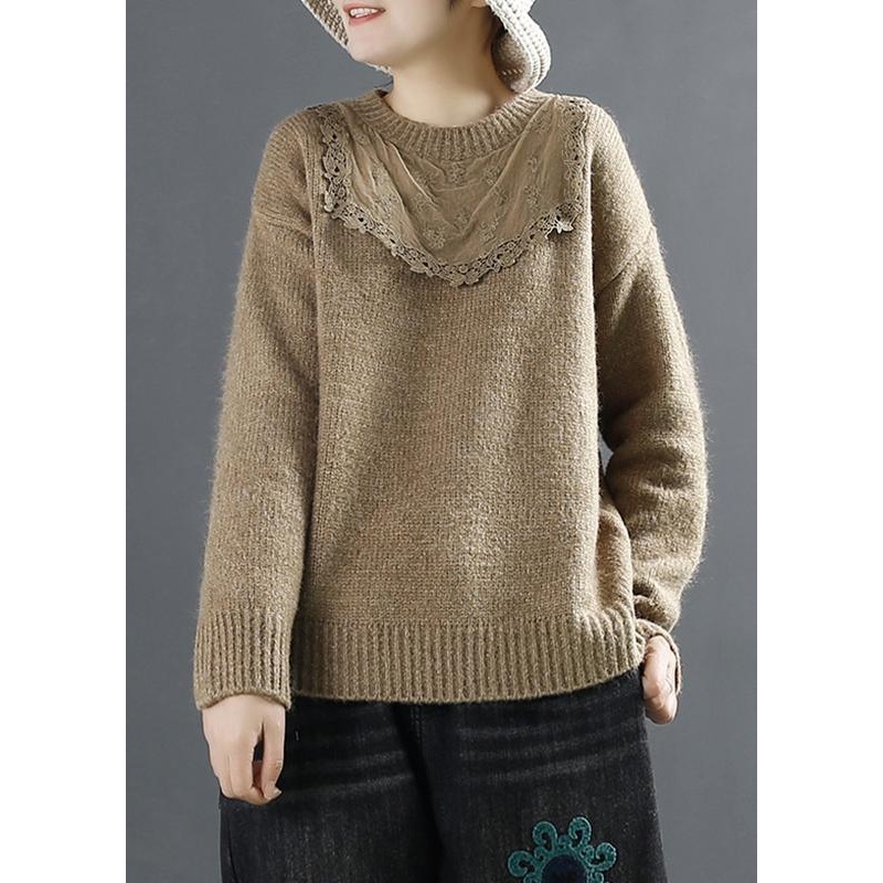Women Coffee Top Patchwork Casual Sweaters