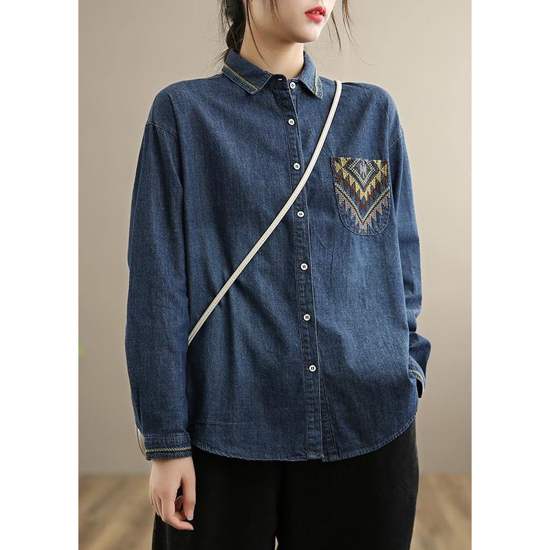 Women Denim Blue Shirts Lapel Plus Size Clothing Spring Shirt