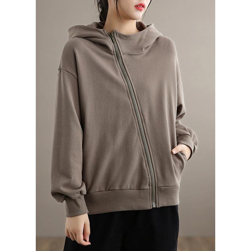 Women Gray Chocolate Fine Coat Shape Hooded Zippered Spring Coats