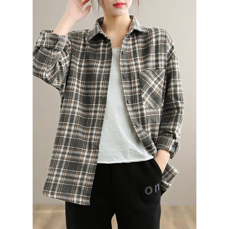 Women Gray Plaid Tunics Lapel Button Down Oversized Spring Blouses