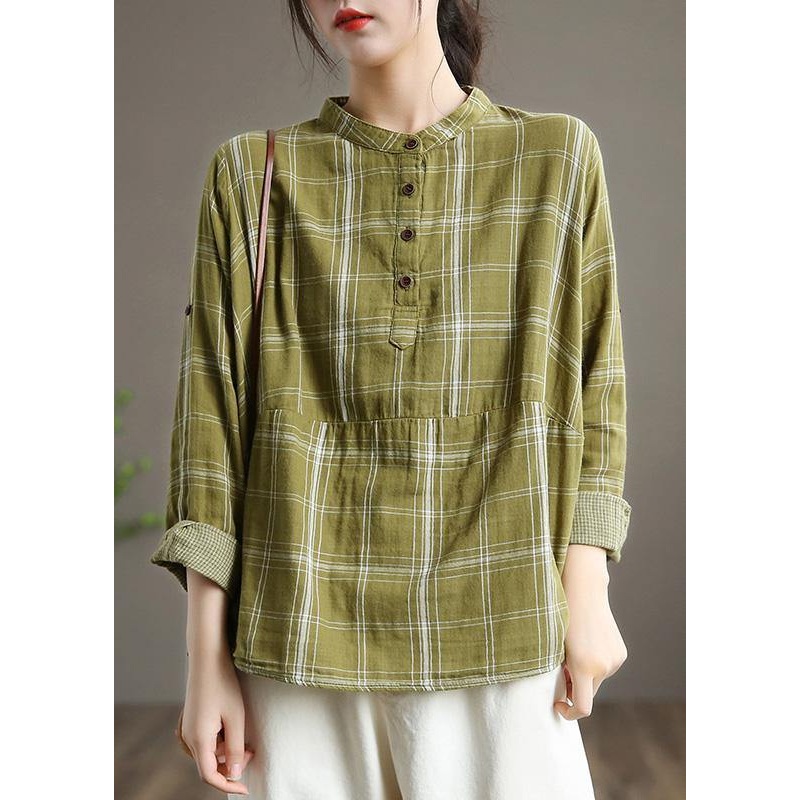 Women Green Stand Collar Art Spring Shirt Plaid Clothes For Women