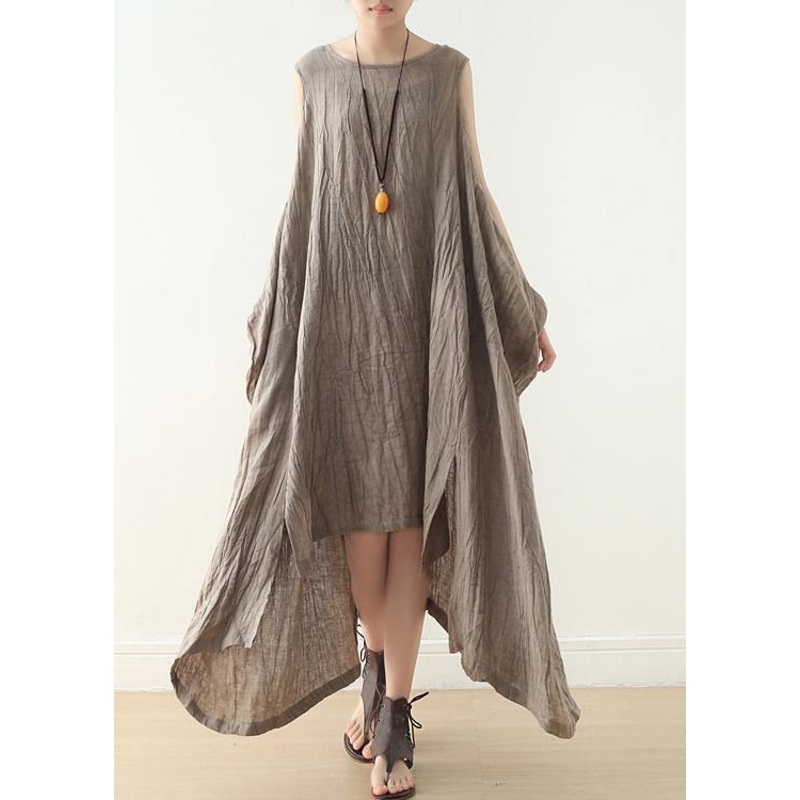 Women Khaki Asymmetrical Summer Sleeveless Linen Dress