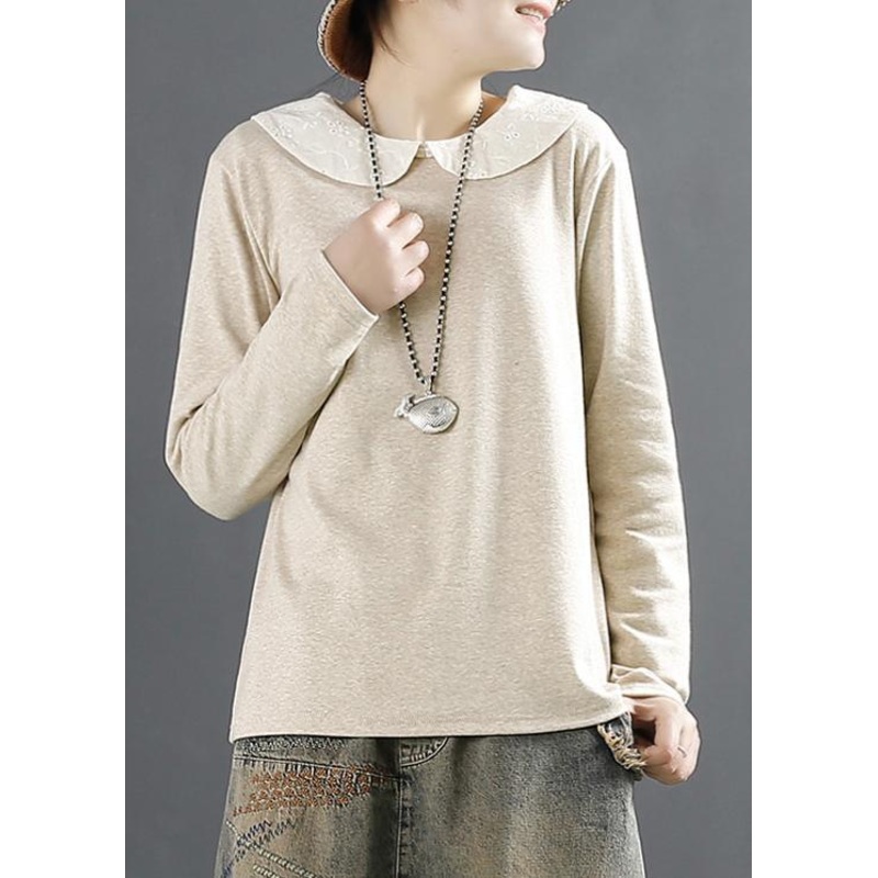 Women Khaki Elegant Lace Organic Spring Tops
