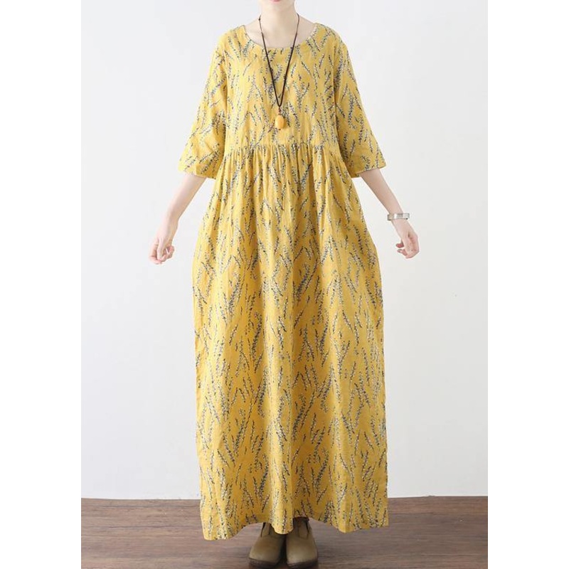 Yellow High Waist Print Loose Half Sleeve Cotton Linen Dress