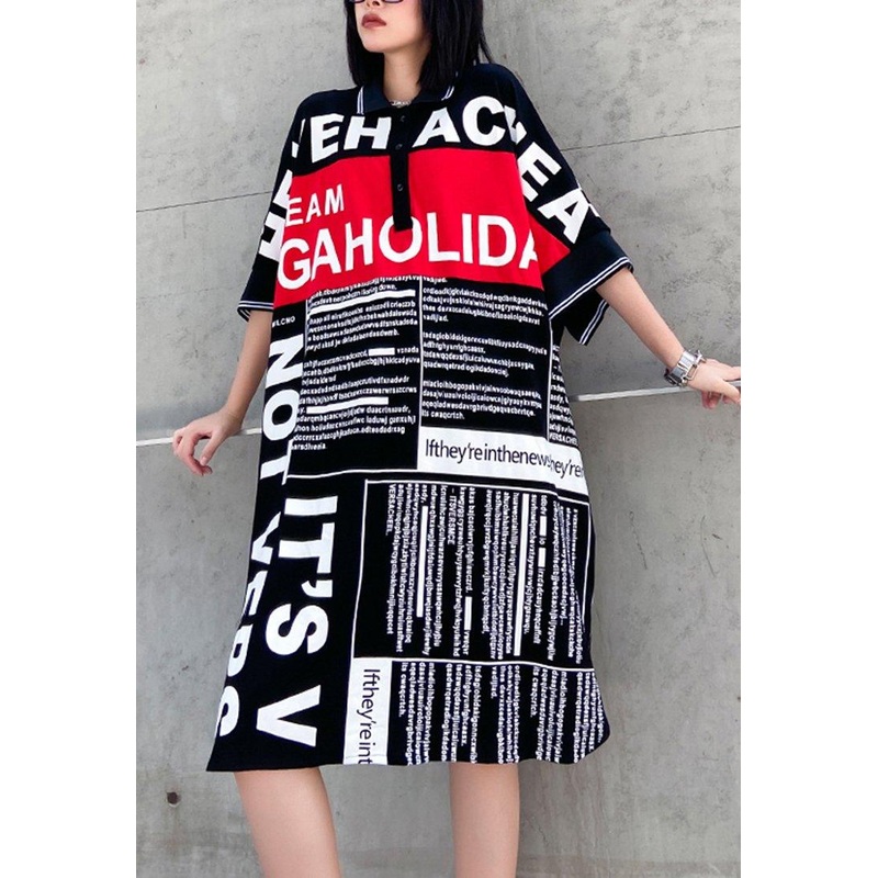 Art Graphic Patchwork Cotton Button Summer Dresses