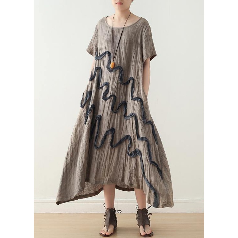 Art Khaki O-Neck Linen Summer Maxi Dresses