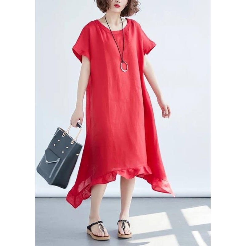 Art Linen Dresses Boutique Round Neck Ruffles Red Dress