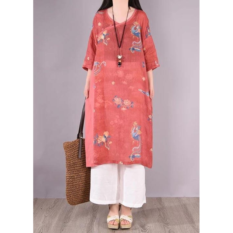 Art Linen Outfit Women Casual Print Animal Side Open Dress