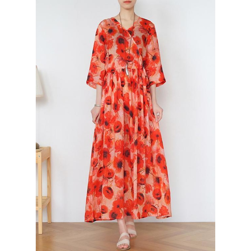 Art Orange Print A Line Long Summer Linen Dress