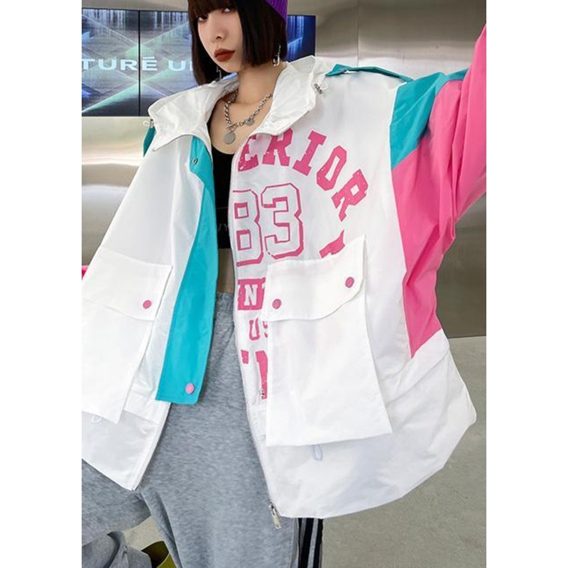 Art White Letter Patchwork Cotton Spring Hooded Coat