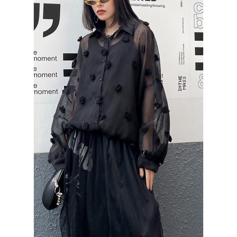 Black Simple Button Cinched Two Piece Set Women Clothing Chiffon Top