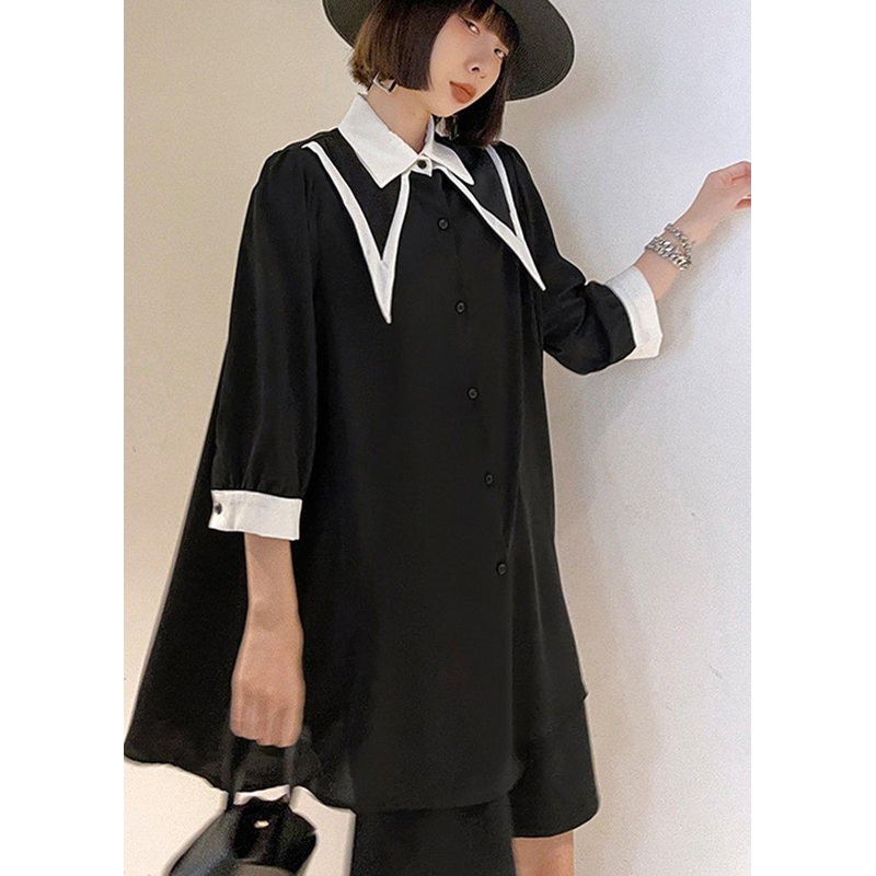 Bohemian Black Patchwork Cotton Button Summer Robe Dresses