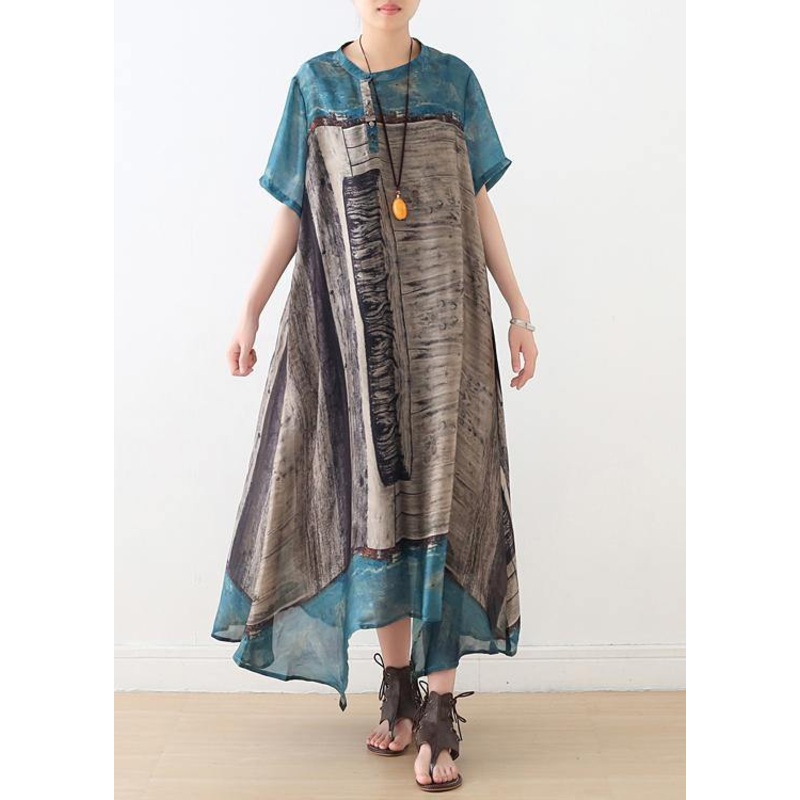 Bohemian Blue Print Button Vacation Summer Chiffon Dress
