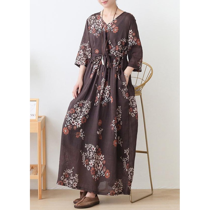 Bohemian Chocolate Print V Neck Robe Summer Linen Dress
