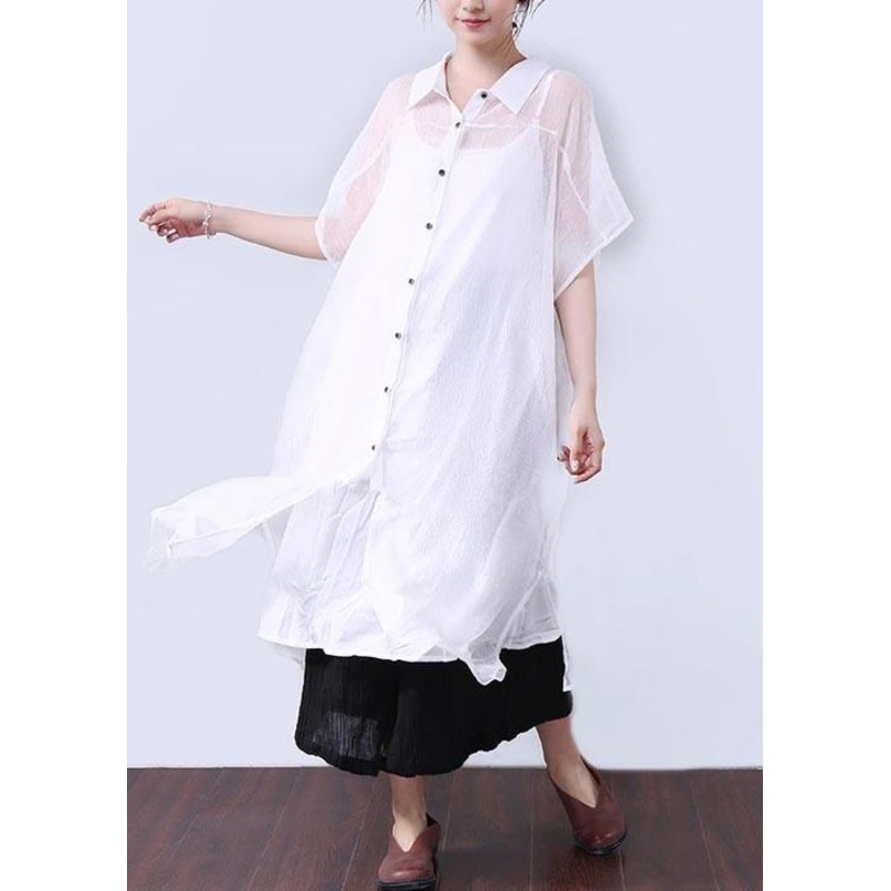 Bohemian Cotton Quilting Clothes Summer Dresses Button Elbow Sleeves Women White Dress