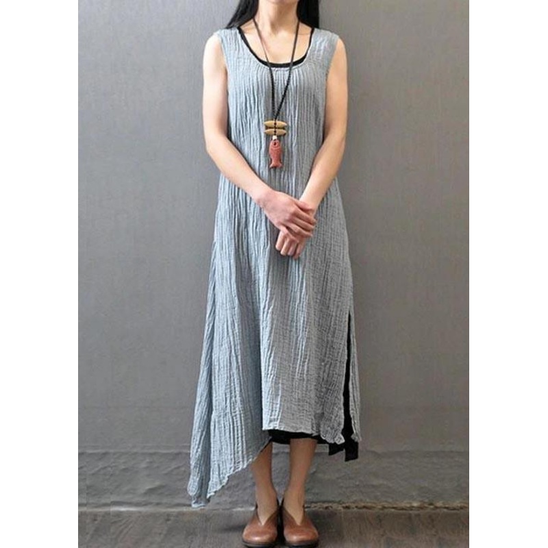 Bohemian Linen Gray Outfit Fashion Summer Women Wrinkled Sleeveless Dress