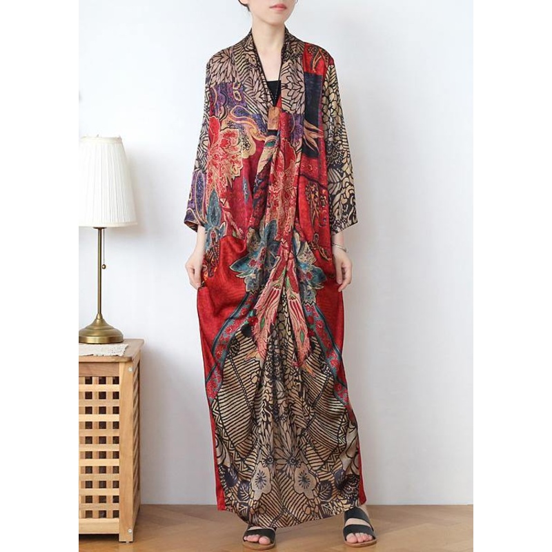 Boho Red Print Asymmetrical Design Robe Summer Chiffon Dress
