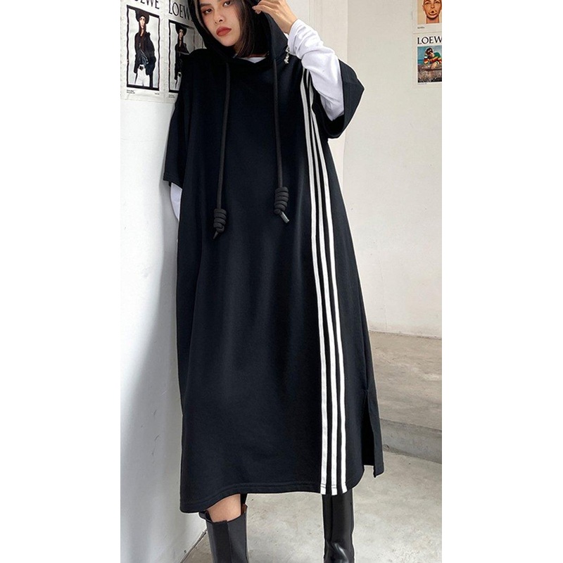 Boutique Black hooded Cotton side open Summer Dresses