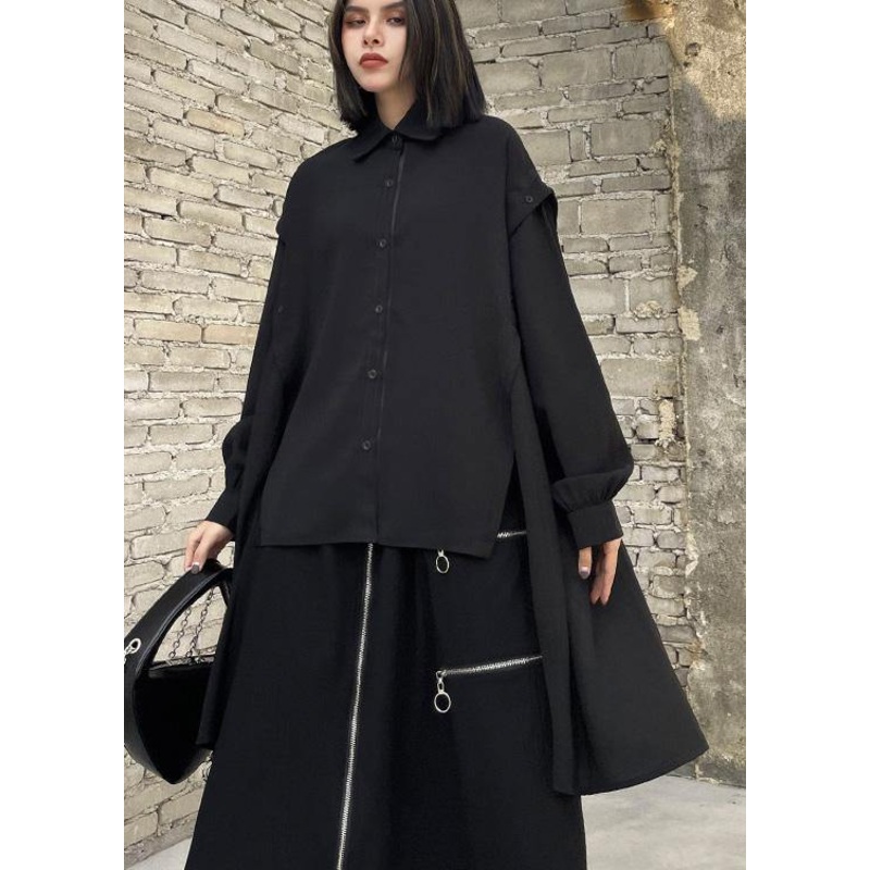 Casual Black Asymmetrical Design Button Shirt Long Sleeve Spring