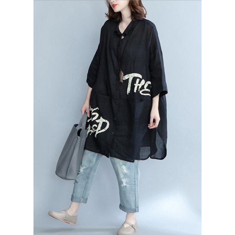 Casual Black Graphic Pockets Cotton Long Sleeve Spring Shirt