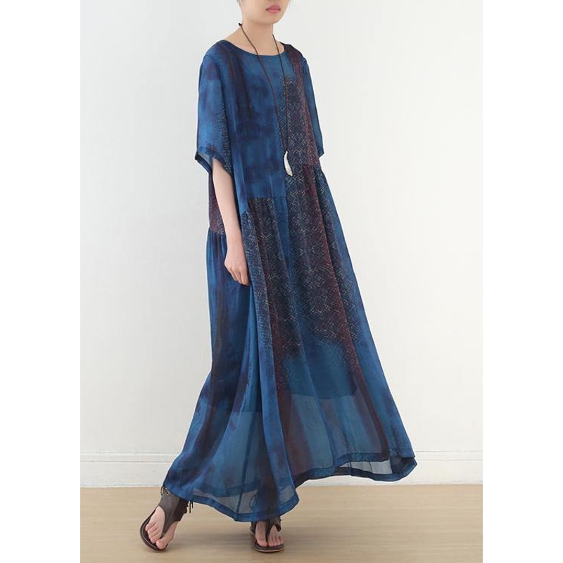 Casual Blue Print Chiffon Loose Spring Ankle Dress