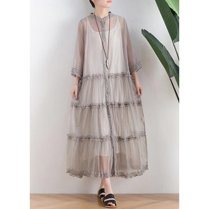 Casual Grey Button O-Neck Ankle Summer Chiffon Dress